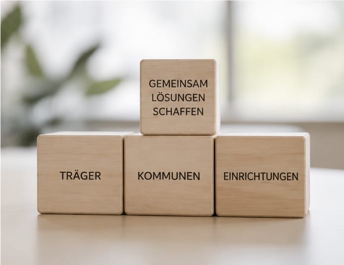 Illustration: Holzbausteine mit den Begriffen Träger, Kommunen und Einrichtungen