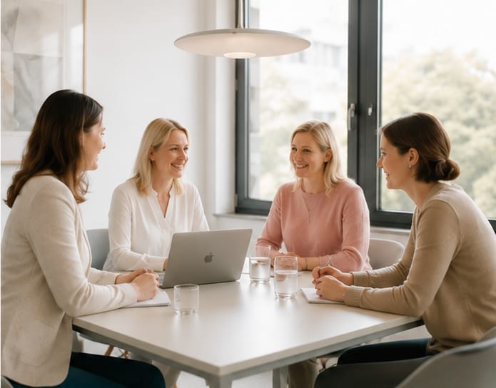 Illustration: Vier Frauen bei einer Besprechung an einem Konferenztisch